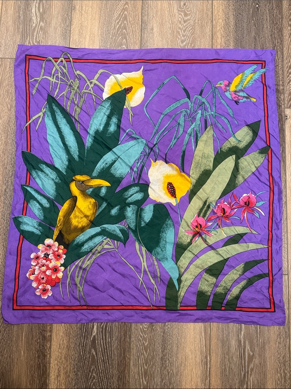 Vintage 1980s Tropical Bird & Floral Purple Silk Scarf